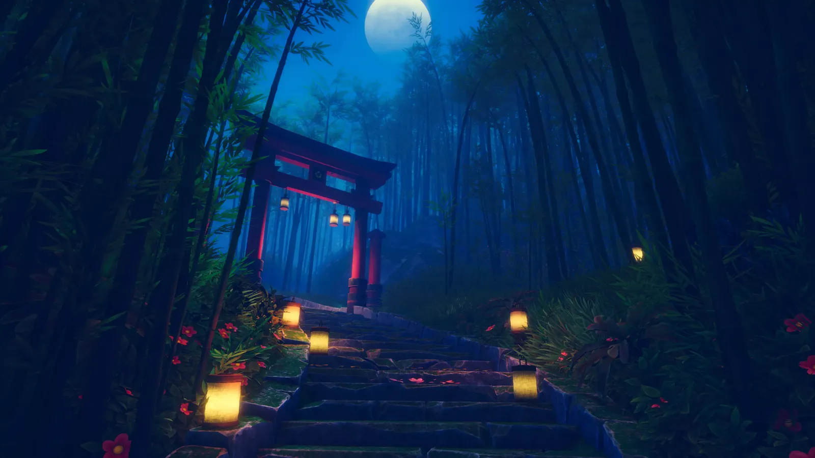 A lantern-lit stone path leading to a shrine gate in a moonlit bamboo forest, from Remnants